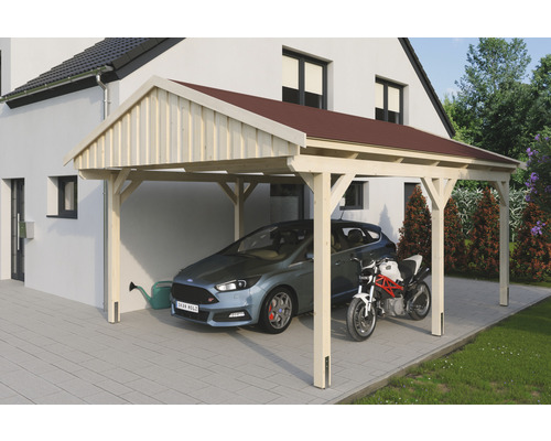 Přístřešek na auto SKAN HOLZ Fichtelberg 423 x 566 cm přírodní vč. šindelů Dřevěný carport s autem a motocyklem