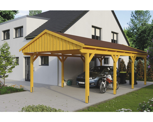 Přístřešek na auto SKAN HOLZ Fichtelberg 423 x 808 cm dub světlý vč. šindelů Dřevěný přístřešek pro auto s automobilem a motocyklem na pozemku