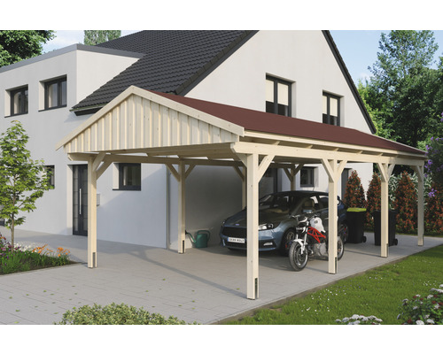 Přístřešek na auto SKAN HOLZ Fichtelberg 423 x 808 cm přírodní vč. šindelů Dřevěný přístřešek pro auto s autem a motorkou před domem