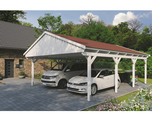 Přístřešek na auto SKAN HOLZ Fichtelberg dvojitý 618 x 808 cm bílý vč. šindelů Dvojitý dřevěný přístřešek pro auto se dvěma vozidly