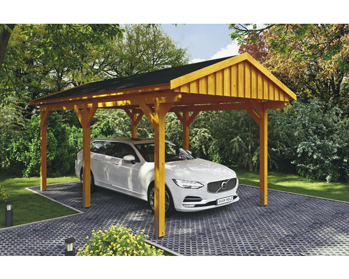 Přístřešek na auto SKAN HOLZ Fichtelberg 317 x 566 cm dub světlý vč. šindelů Dřevěný přístřešek pro auto s autem na dlážděném povrchu
