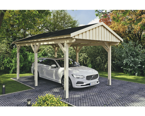 Přístřešek na auto SKAN HOLZ Fichtelberg 317 x 566 cm přírodní vč. šindelů Dřevěný přístřešek pro auto s parkujícím autem venku