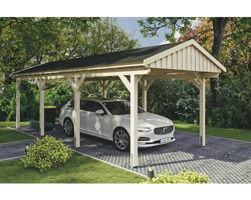 Přístřešek na auto SKAN HOLZ Fichtelberg 317 x 808 cm přírodní vč. šindelů Dřevěný přístřešek pro auto s parkujícím autem na dlážděné ploše