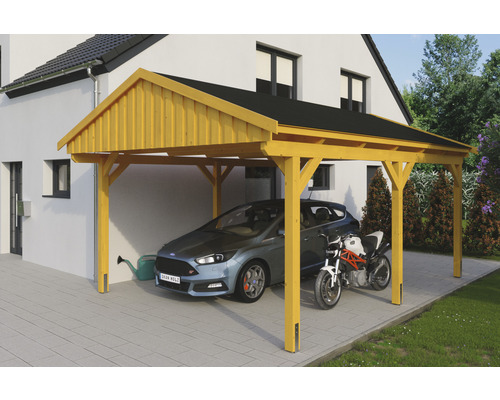 Přístřešek na auto SKAN HOLZ Fichtelberg 423 x 566 cm dub světlý vč. šindelů Dřevěný carport s autem a motocyklem