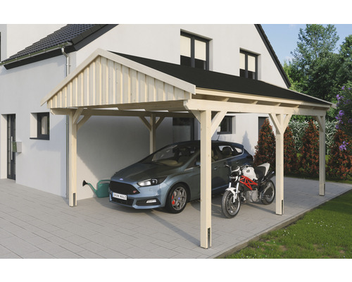 Přístřešek na auto SKAN HOLZ Fichtelberg 423 x 566 cm přírodní vč. šindelů Dřevěný přístřešek pro auto s automobilem a motocyklem před domem