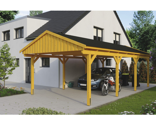 Přístřešek na auto SKAN HOLZ Fichtelberg 423 x 808 cm dub světlý vč. šindelů Dřevěný přístřešek pro auto s automobilem a motocyklem před domem