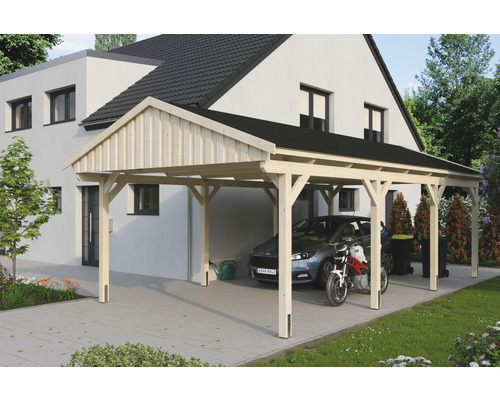 Přístřešek na auto SKAN HOLZ Fichtelberg 423 x 808 cm přírodní vč. šindelů Dřevěný přístřešek pro auto s autem a motocyklem před domem