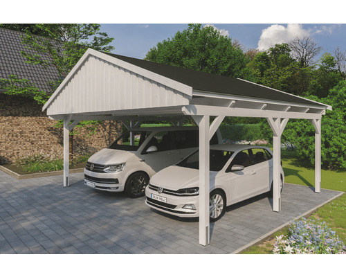 Přístřešek na auto SKAN HOLZ Fichtelberg dvojitý 618 x 566 cm bílý vč. šindelů Dvojitý dřevěný přístřešek pro auto se dvěma zaparkovanými auty