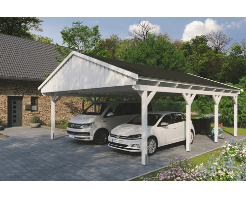 Přístřešek na auto SKAN HOLZ Fichtelberg dvojitý 618 x 808 cm bílý vč. šindelů Dřevěný dvojitý přístřešek pro auto se dvěma parkujícími auty na dlážděném dvoře.