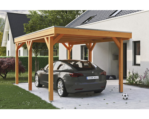 Přístřešek na auto SKAN HOLZ Grunewald 321 x 554 cm dub světlý vč. EPDM fólie Moderní dřevěný přístřešek pro auto s autem na příjezdové cestě