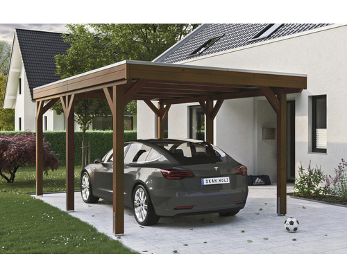 Přístřešek na auto SKAN HOLZ Grunewald 321 x 554 cm ořech vč. EPDM fólie Dřevěný přístřešek pro auto s autem na pozemku