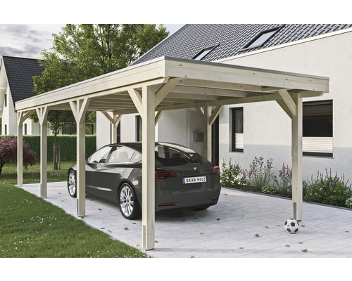 Přístřešek na auto SKAN HOLZ Grunewald 321 x 796 cm přírodní vč. EPDM fólie Dřevěný přístřešek pro auto s autem na příjezdové cestě