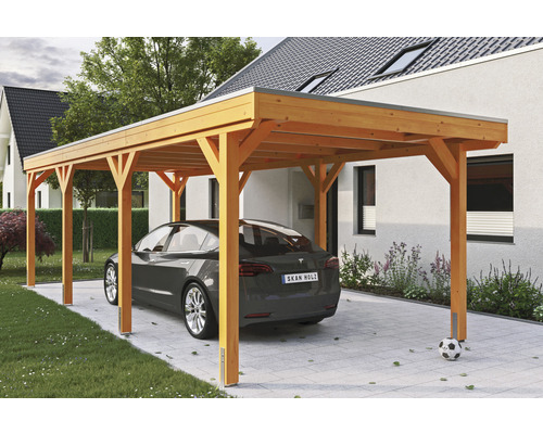 Přístřešek na auto SKAN HOLZ Grunewald 321 x 796 cm dub světlý vč. EPDM fólie Dřevěný carport s autem na dlážděném povrchu