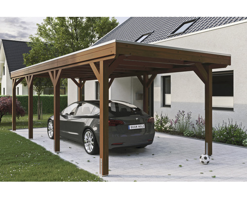 Přístřešek na auto SKAN HOLZ Grunewald 321 x 796 cm ořech vč. EPDM fólie Dřevěný přístřešek pro auto s autem na dlážděném příjezdu