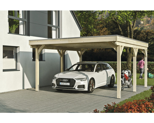 Přístřešek na auto SKAN HOLZ Grunewald 427 x 554 cm přírodní vč. EPDM fólie Dřevěný přístřešek pro auto s automobilem a motocyklem