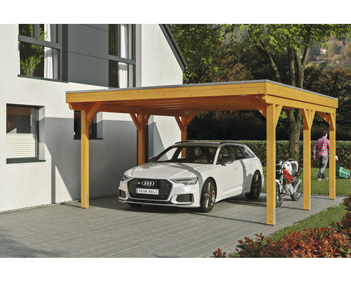 Přístřešek na auto SKAN HOLZ Grunewald 427 x 554 cm dub světlý vč. EPDM fólie Dřevěný přístřešek pro auto s autem a motorkou
