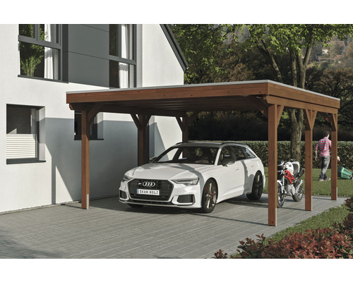Přístřešek na auto SKAN HOLZ Grunewald 427 x 554 cm ořech vč. EPDM fólie Dřevěný přístřešek pro auto s autem a motocyklem