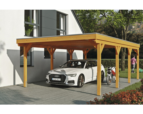 Přístřešek na auto SKAN HOLZ Grunewald 427 x 796 cm dub světlý vč. EPDM fólie Dřevěný přístřešek pro auto s automobilem a motocyklem