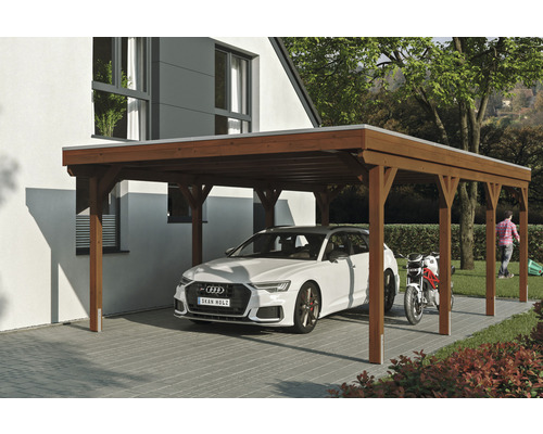 Přístřešek na auto SKAN HOLZ Grunewald 427 x 796 cm ořech vč. EPDM fólie Dřevěný carport s automobilem a motocyklem