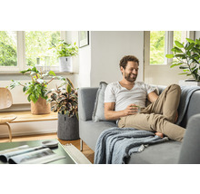 Obývací pokoj s mužem na gauči a rostlinami v plstěných květináčích