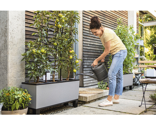 Žena zalévá jabloně v truhlíku na terase