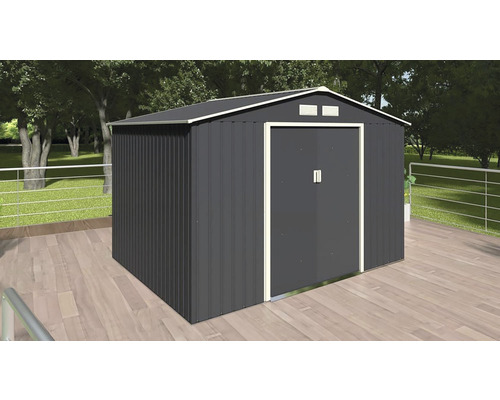 Kovový zahradní domek s dvoukřídlými dveřmi pro uložení zahradního nářadí