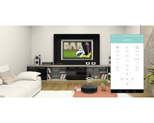 Moderní obývací pokoj s televizí, mediální stěnou, pohovkou a ovládáním chytré domácnosti pomocí aplikace pro chytré telefony.