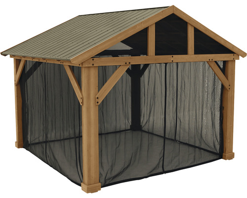 Dřevěný zahradní pavilon s kovovou střechou a moskytiérou