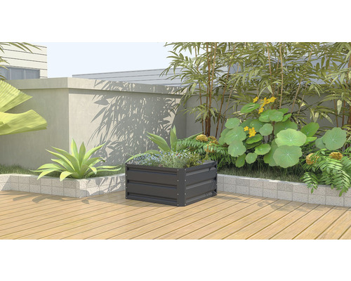 Kovový vyvýšený záhon s rostlinami v zahradě