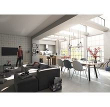 Světlý obývací pokoj s pohovkou, jídelním stolem, židlemi a otevřenou kuchyní