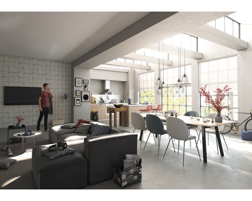 Světlý obývací pokoj s pohovkou, jídelním stolem, židlemi a otevřenou kuchyní