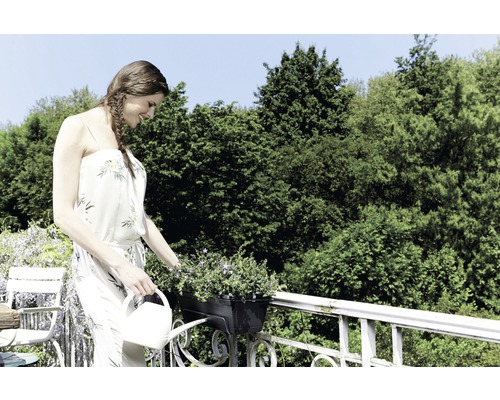 Žena zalévá květiny v truhlíku konví.