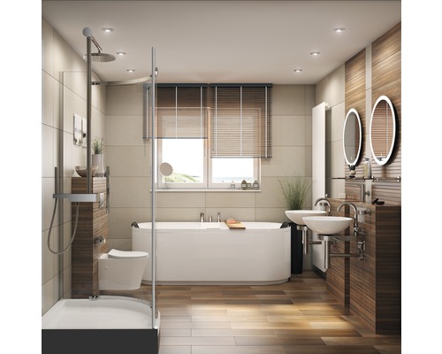 Světlá koupelna se sprchou, vanou a dvojitým umyvadlem