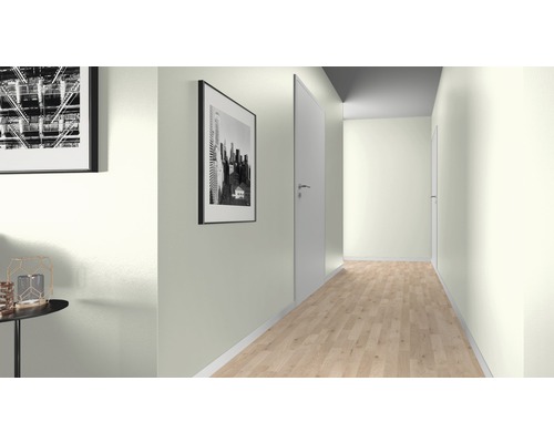 Světlá chodba se dvěma zarámovanými obrazy na stěně a dřevěnou podlahou