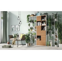 Obývací pokoj s regálem, pohovkou a pokojovými rostlinami