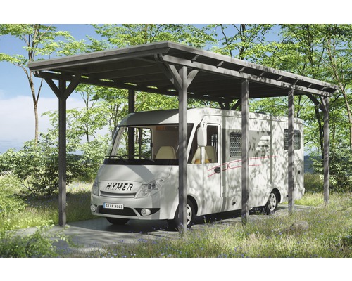 Přístřešek na auto SKAN HOLZ Emsland karavanový 404 x 846 cm břidlicově šedý Obytný vůz pod dřevěným přístřeškem na zahradě