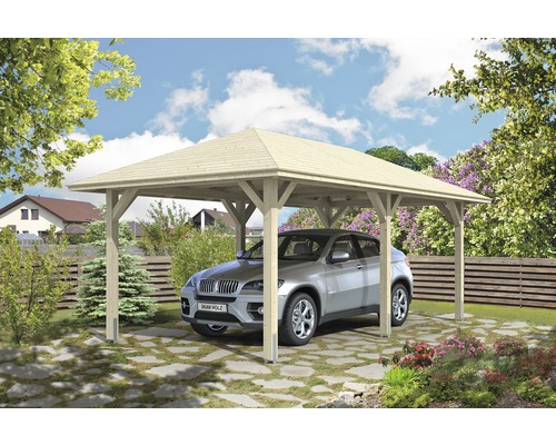Přístřešek na auto SKAN HOLZ Taunus s úchyty pro sloupky, 374 x 656 cm přírodní Samostatný dřevěný přístřešek pro auto s autem na zahradě