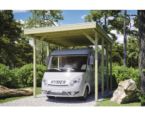 Přístřešek na auto SKAN HOLZ Friesland karavanový 397 x 555 cm impregnovaný Obytný vůz pod dřevěným přístřeškem pro auto venku