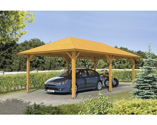 Přístřešek na auto SKAN HOLZ Taunus s úchyty pro sloupky, 439 x 786 cm světlý dub Dřevěný carport s autem a motorkou pod ním