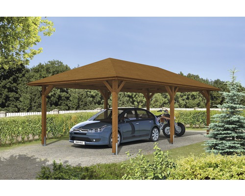 Přístřešek na auto SKAN HOLZ Taunus s úchyty pro sloupky, 439 x 786 cm ořech Dřevěný přístřešek pro auto s automobilem a čtyřkolkou