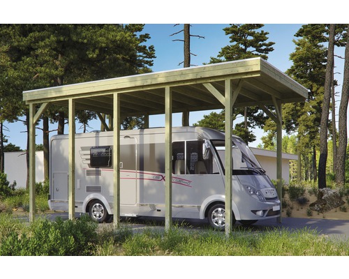 Přístřešek na auto SKAN HOLZ Friesland karavanový 397 x 708 cm impregnovaný Obytný vůz pod dřevěným přístřeškem pro auto