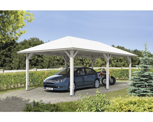 Přístřešek na auto SKAN HOLZ Taunus s kotvami na sloupky, 439 x 786 cm bílý Dřevěný přístřešek pro auto s automobilem a čtyřkolkou