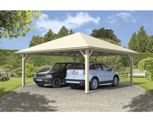 Přístřešek na auto dvojitý SKAN HOLZ Taunus s kotvami na sloupky 634 x 634 cm přírodní Dvojitý dřevěný přístřešek pro auto se dvěma zaparkovanými auty