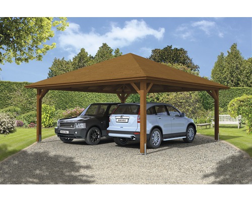 Přístřešek na auto dvojitý SKAN HOLZ Taunus s kotvami na sloupky 634 x 634 cm ořech Dvojitý dřevěný přístřešek pro auto se dvěma zaparkovanými auty