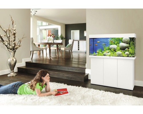 Obývací pokoj s akváriem na skříňce a ženou na koberci