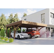 Dřevěný dvojitý carport se dvěma zaparkovanými auty před domem