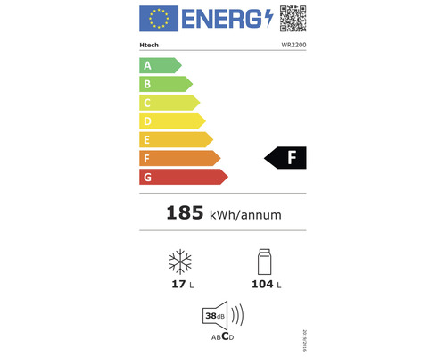 Energetický štítek Htech WR2200 s třídou energetické účinnosti F, roční spotřebou energie 185 kilowatthodin, objemem mrazicího prostoru 17 litrů, objemem chladicího prostoru 104 litrů a hlučností 38 decibelů.