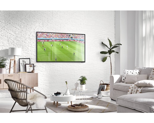 Světlý obývací pokoj s televizí, pohovkou a křeslem