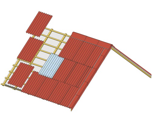 Pohled na střechu s vlnitými deskami během montáže.