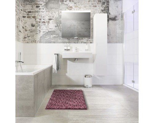 Koupelna s vanou, umyvadlem, zrcadlovou skříňkou, vysokou skříňkou, nášlapným košem a kobercem